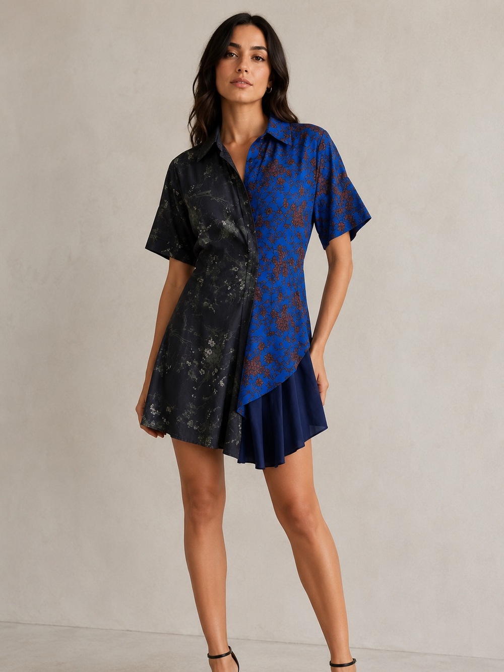 Rare JNBY Patchwork Asymmetrical Cotton Button front Shirt Dress Sz S